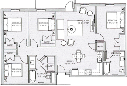 Four Bedroom / Two Bath - 1,329 - 1,404 Sq. Ft.*